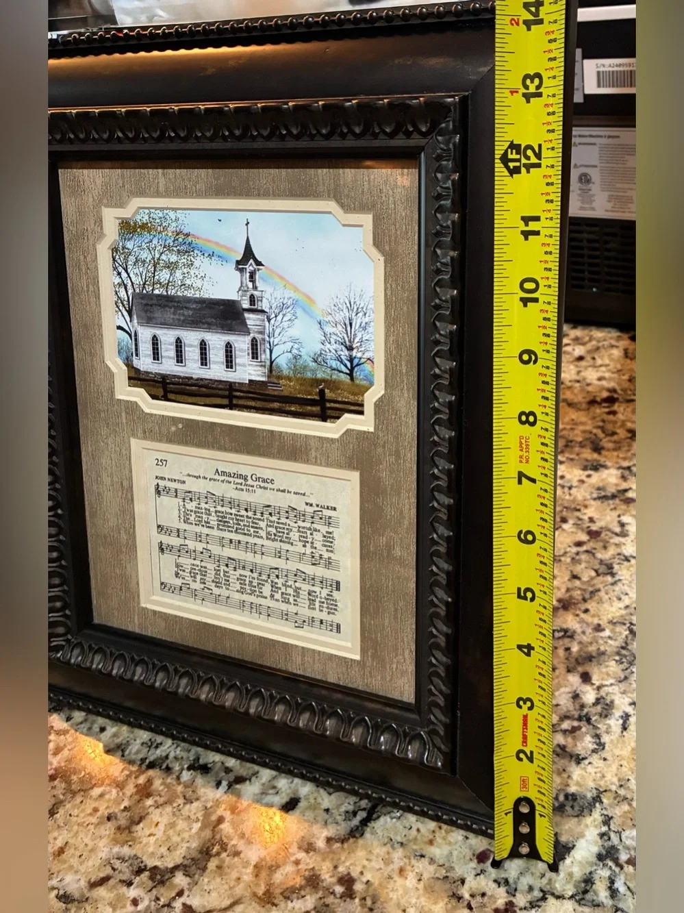 Bronze Color Framed Church Art Print with 'Amazing Grace' Sheet Music